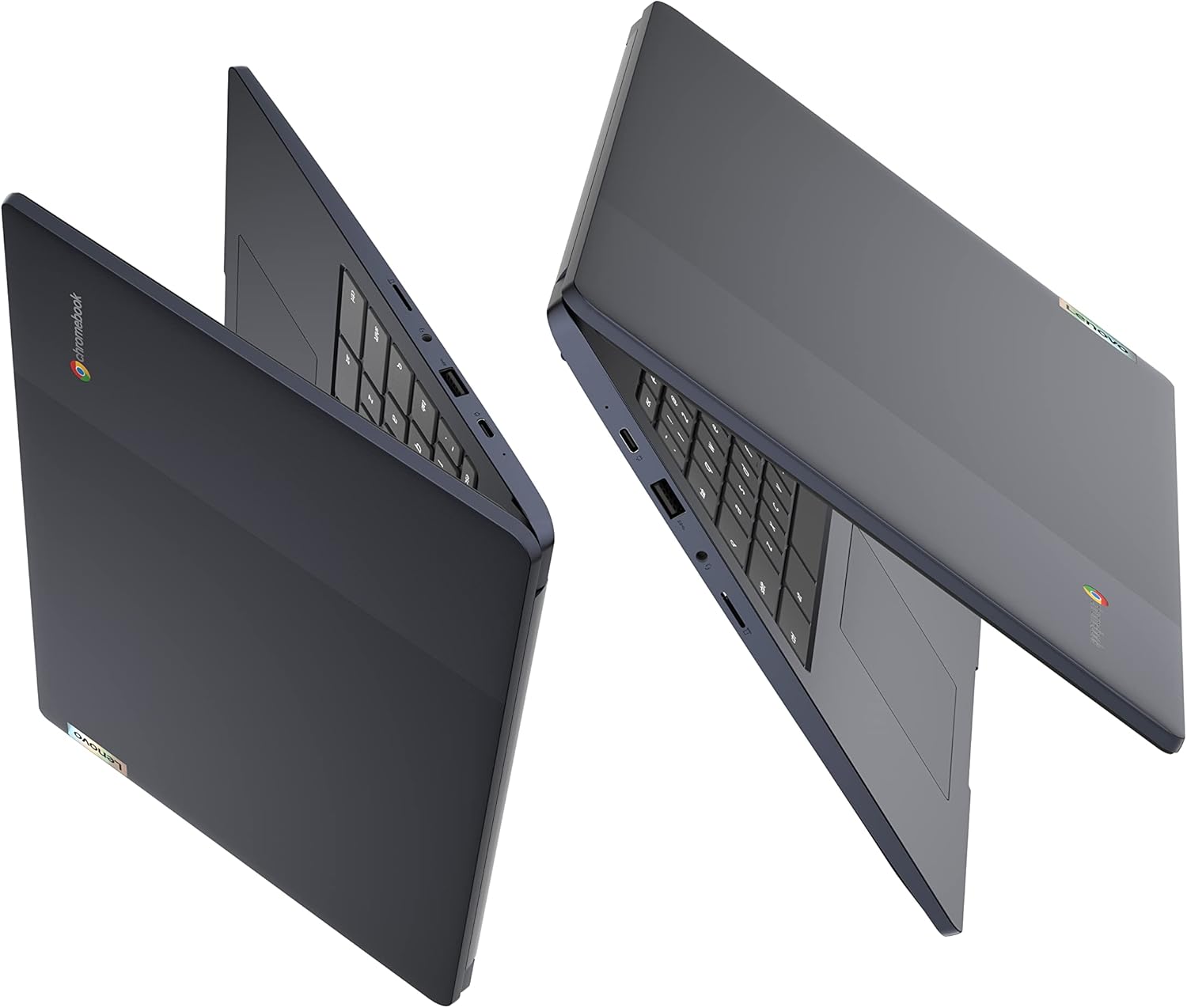 Two open laptops on a white background
