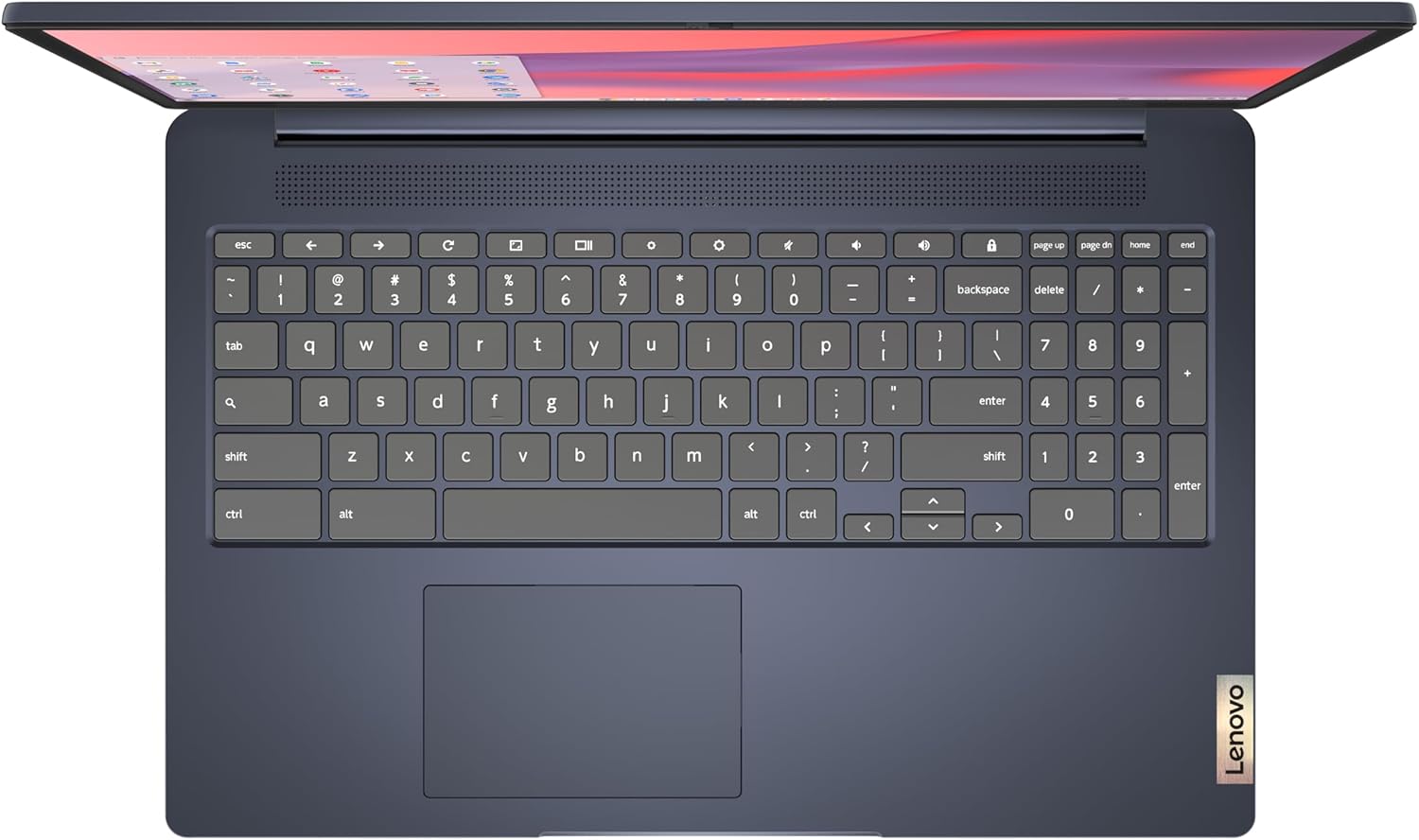 Lenovo laptop with keyboard and trackpad on a white background