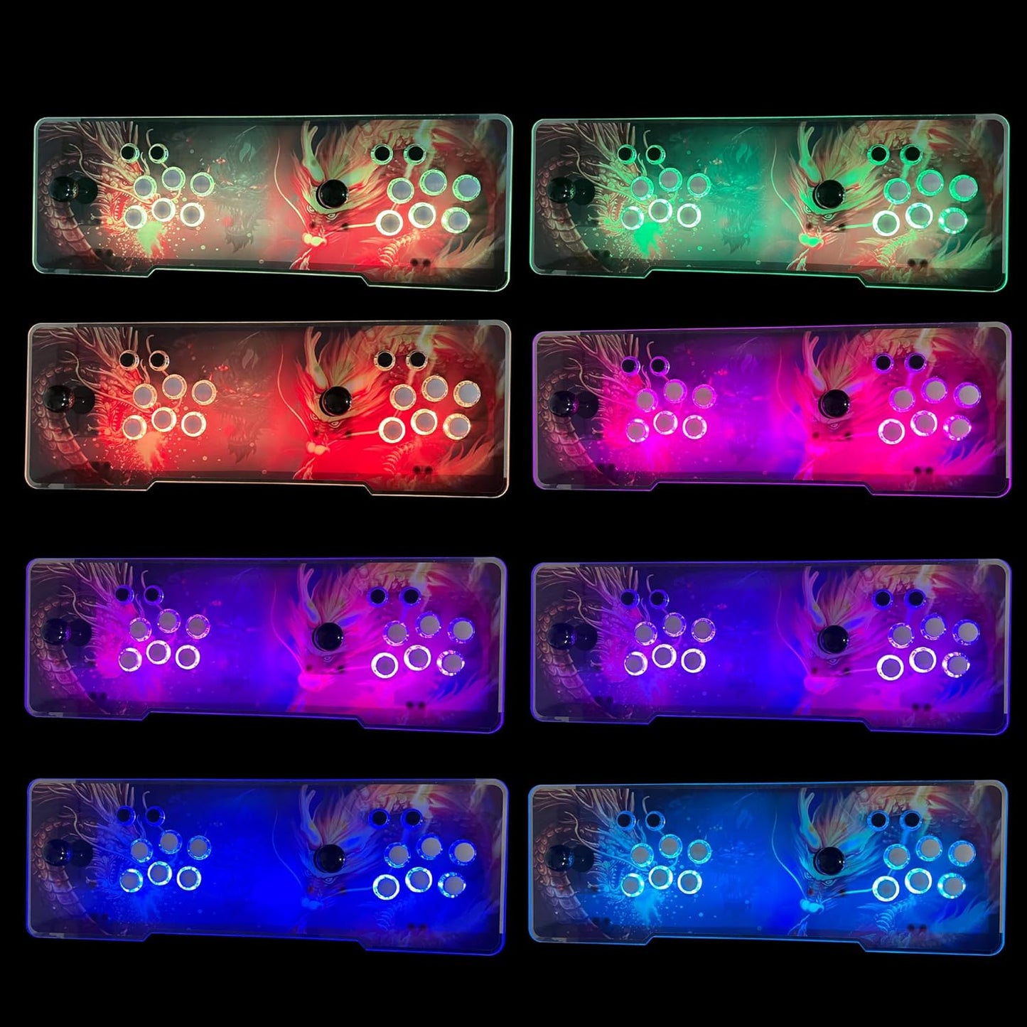 Colorful LED light-up arcade stick with various color patterns on a black background