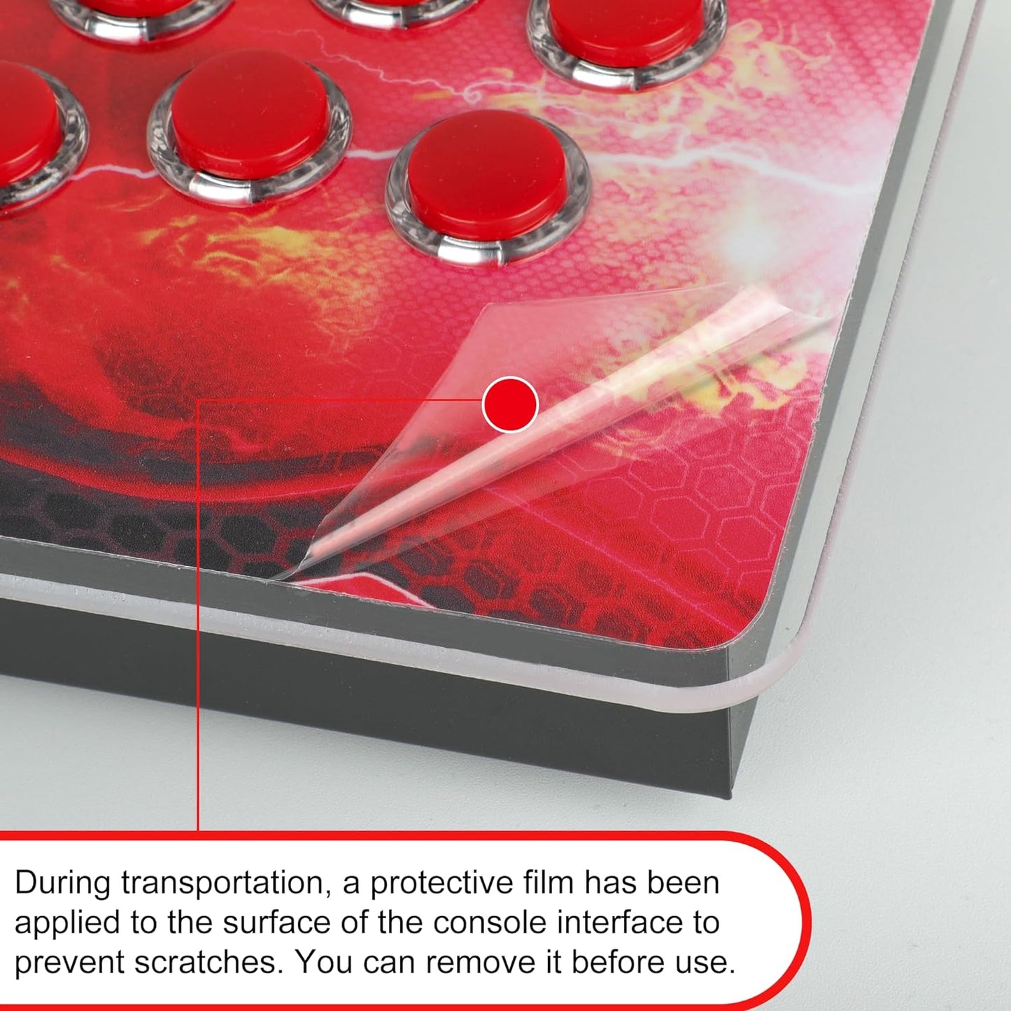 Close-up of a console interface with red buttons and a protective film on a gray background.