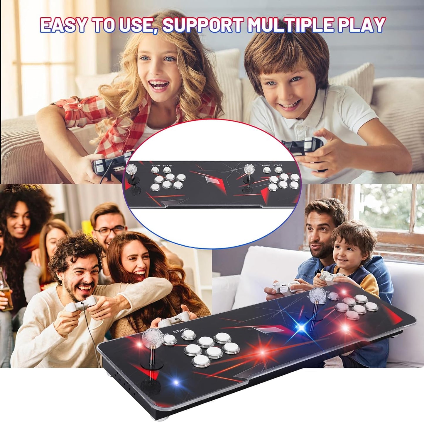 Family playing video games together with a focus on an arcade-style game controller.