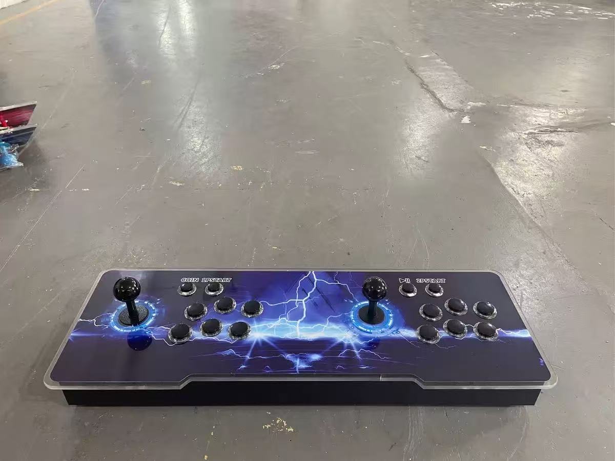 Joystick controller with blue lightning design on a metallic surface