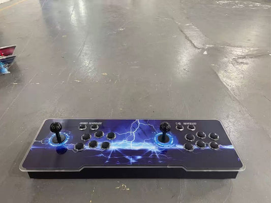 Joystick controller with blue lightning design on a metallic surface