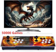Video game console with joystick and screen displaying a dragon graphic, labeled 'GAMES Pandoras Box 50000 Games'.