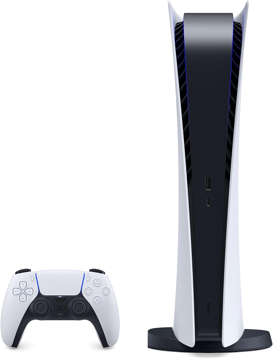 White gaming console with black accents and a matching controller on a white background