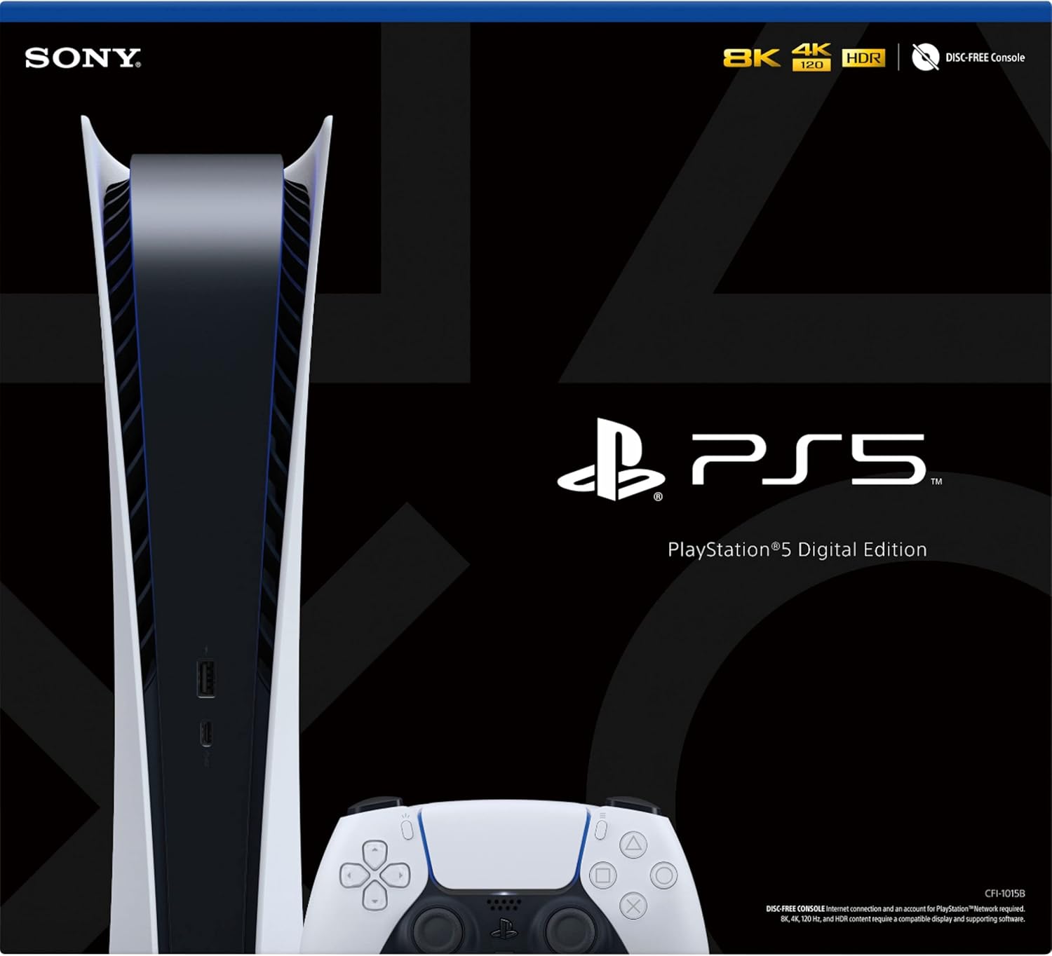 PlayStation 5 Digital Edition console and controller on a black background with Sony logo.