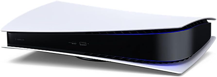 Glossy white electronic device with blue light on a white background