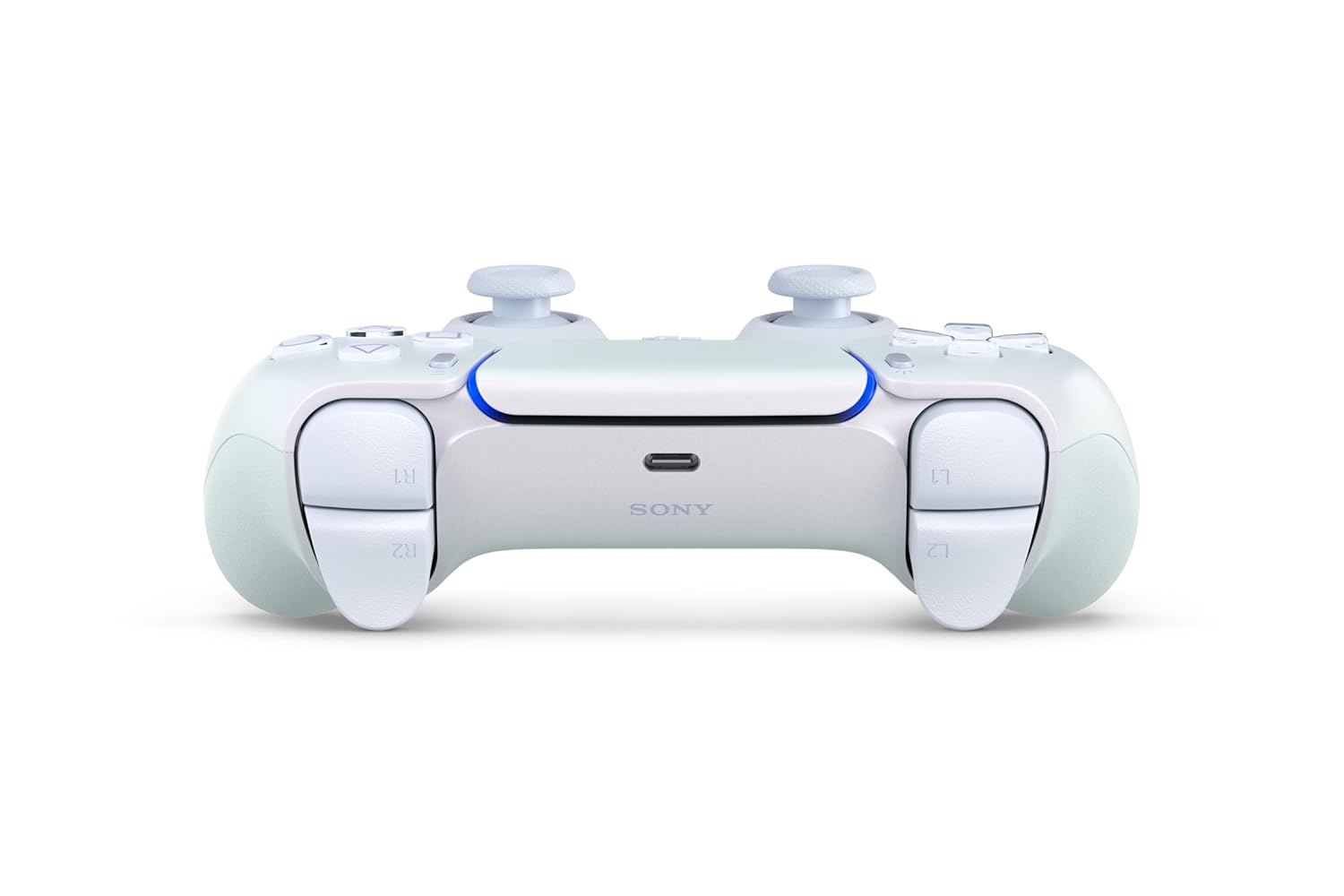 White gaming controller with Sony logo on a white background