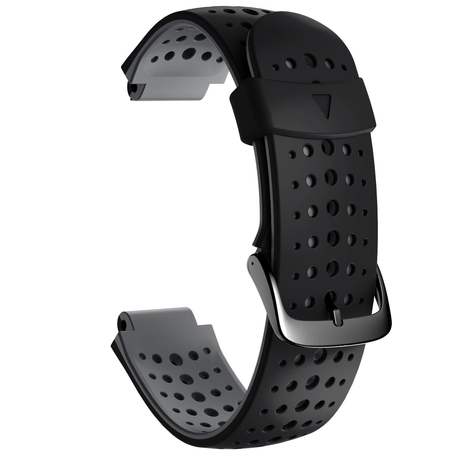 Black perforated watch strap on a white background