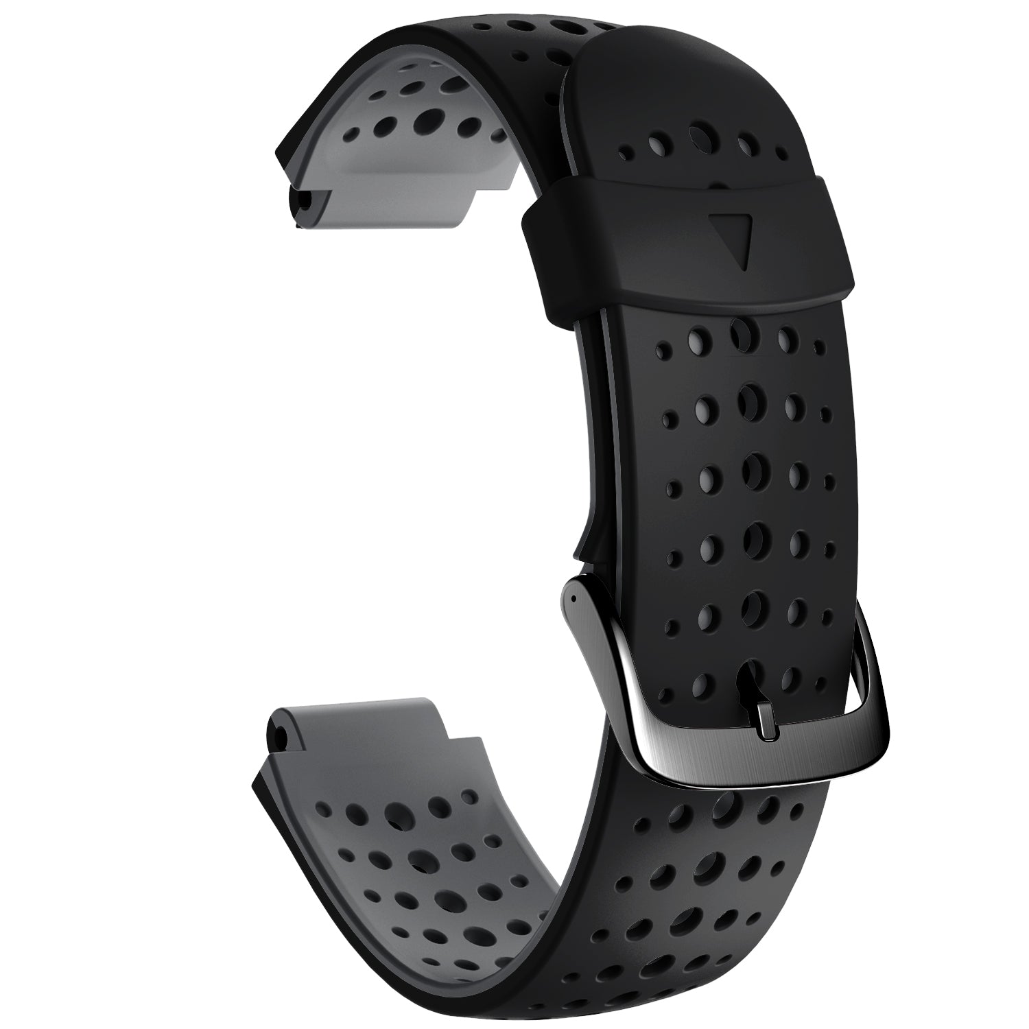 Black perforated watch strap on a white background