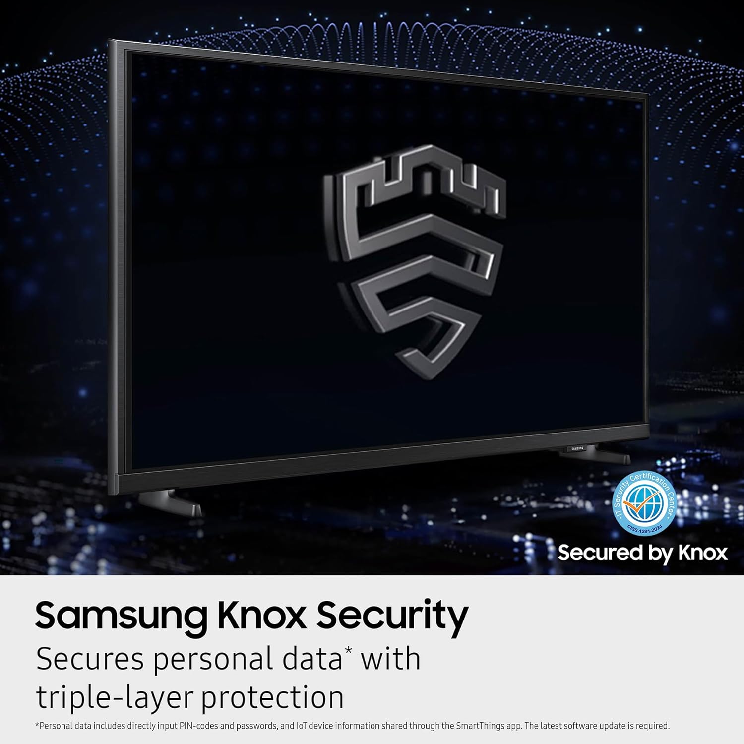 Samsung Knox Security monitor with logo and text on a dark background