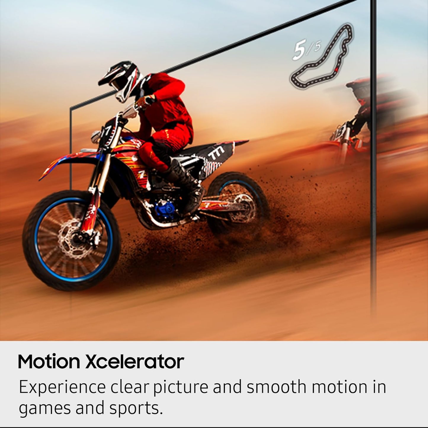 Motorcycle racer on a dirt track with 'Motion Xcelerator' text overlay