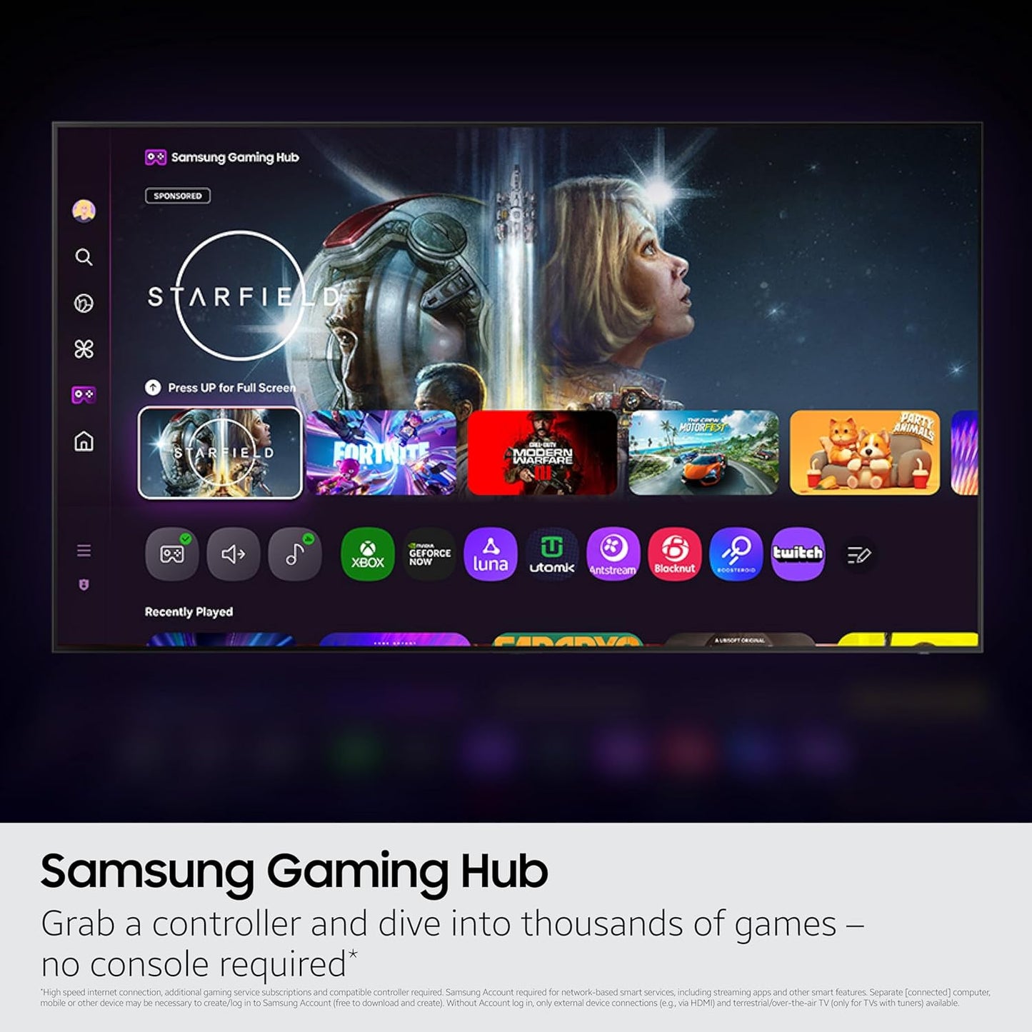 Samsung Gaming Hub interface with game icons on a dark background