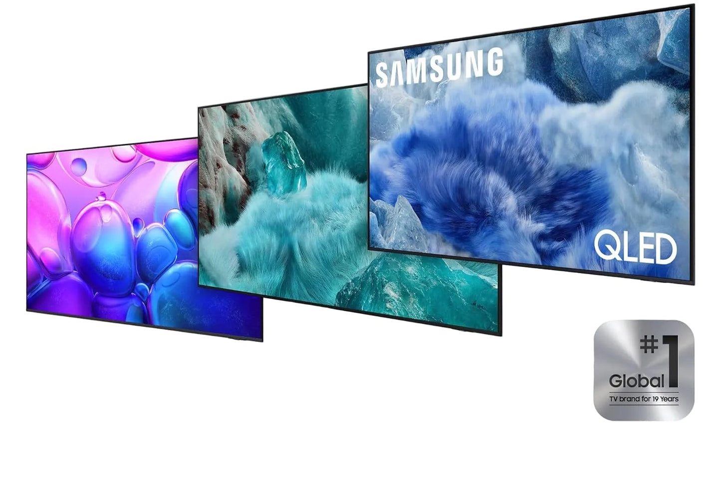 Samsung QLED TVs with features highlighted on a white background