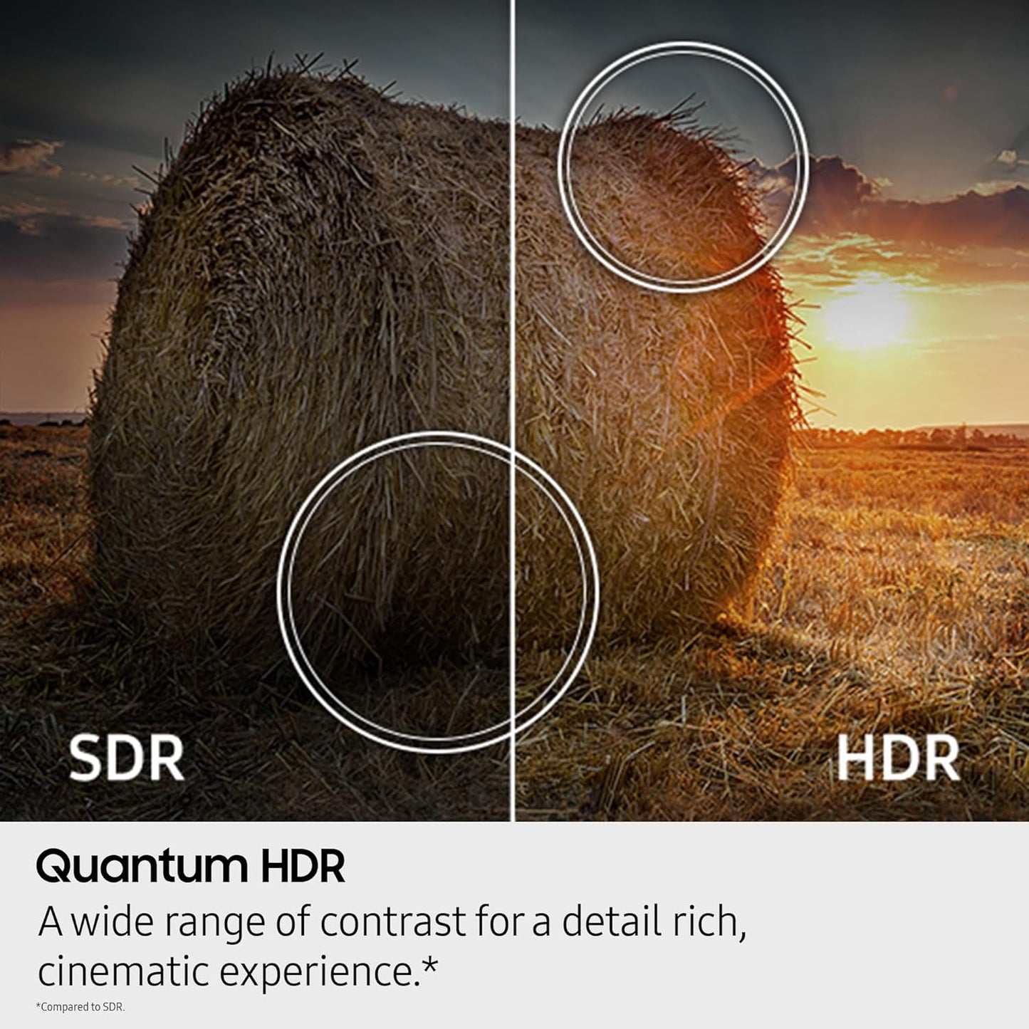 Comparison of SDR and HDR images of a hay bale with sunset, highlighting Quantum HDR's effect.