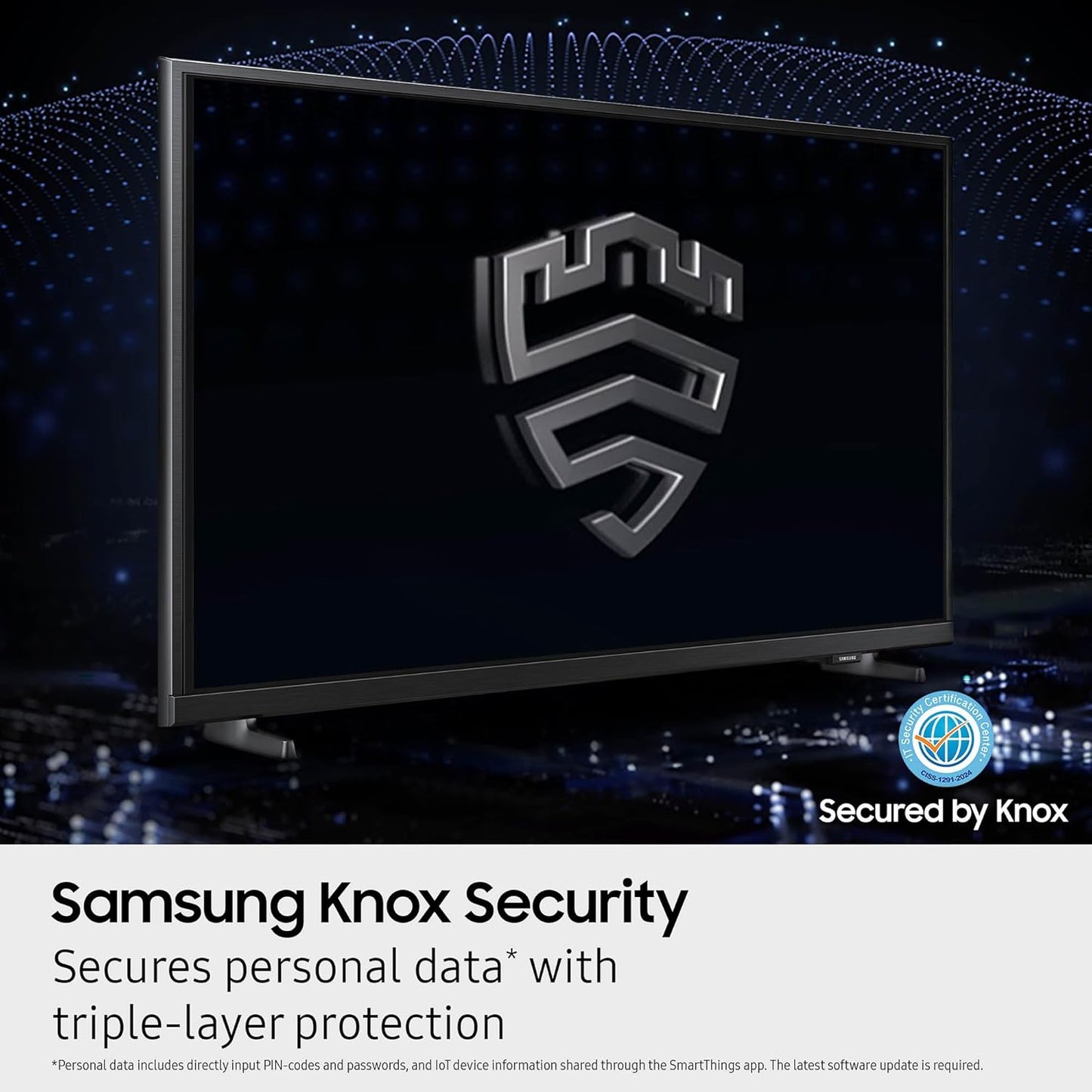 Samsung Knox Security monitor with logo and text on a dark background