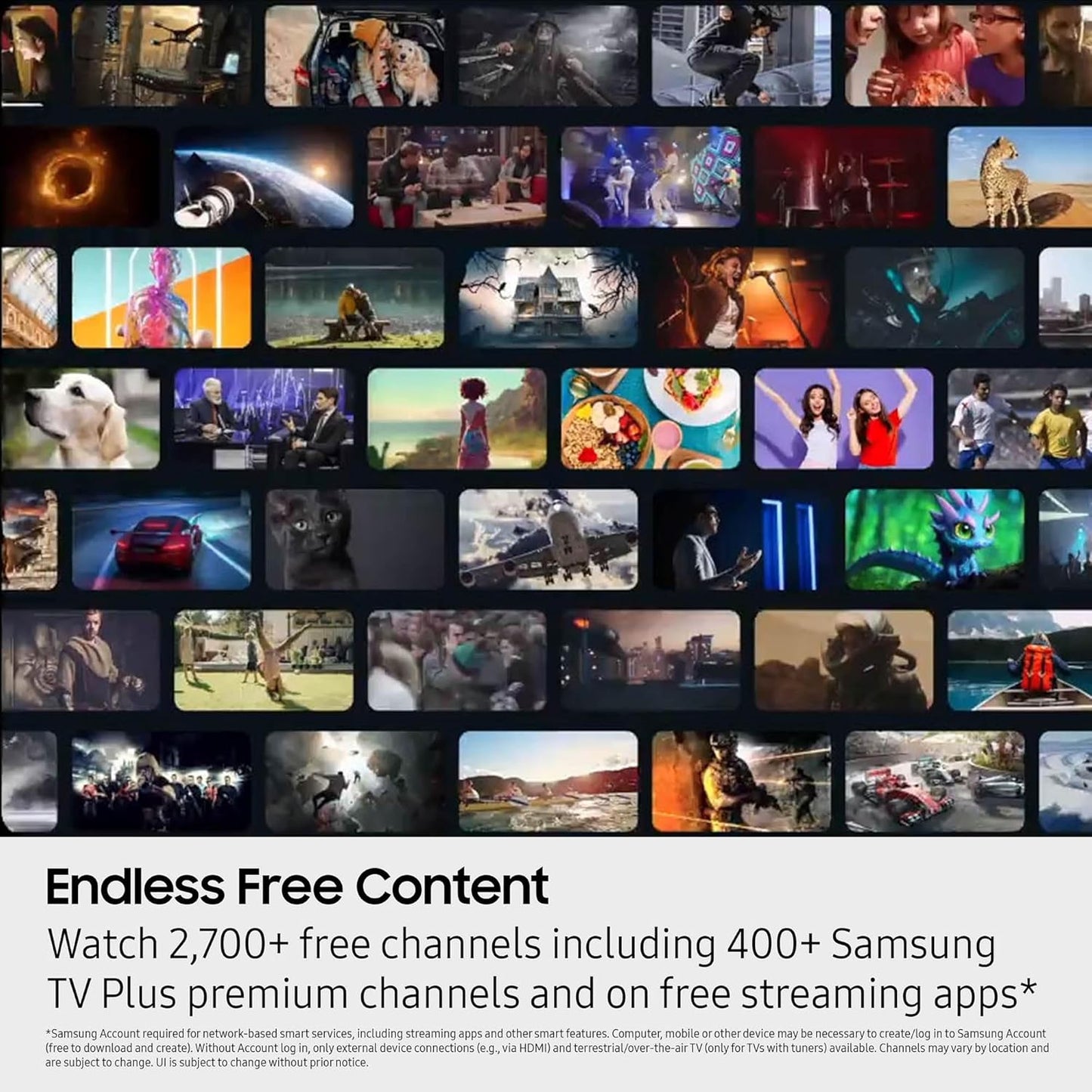 Collage of various video clips with text about free content and streaming options.