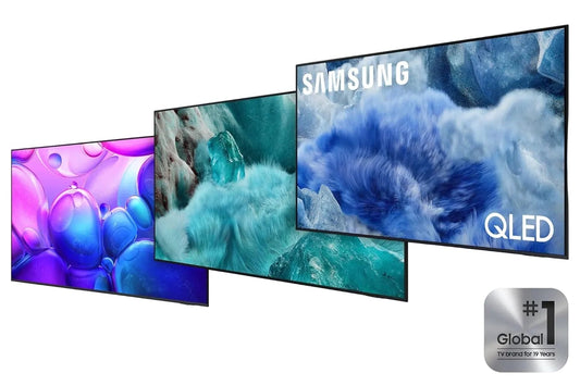 Samsung QLED TVs with features highlighted on a white background