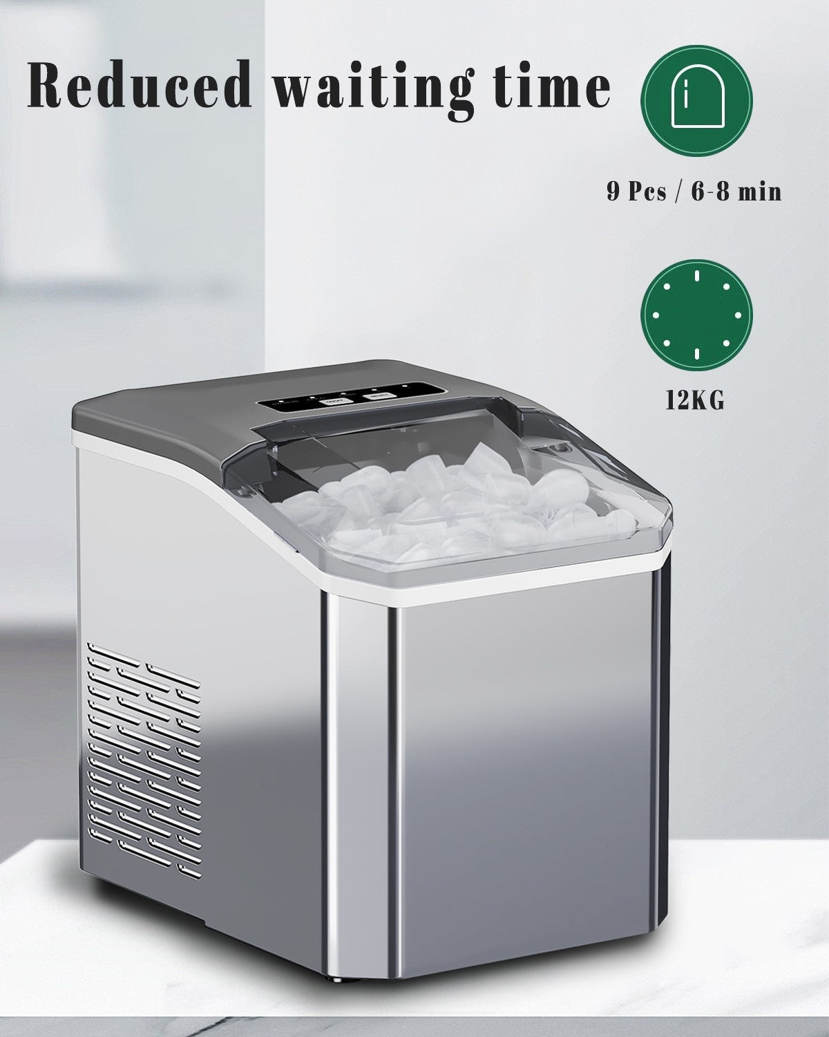 Portable ice maker with ice cubes displayed, featuring text about reduced waiting time and production details.