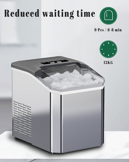 Portable ice maker with ice cubes displayed, featuring text about reduced waiting time and production details.