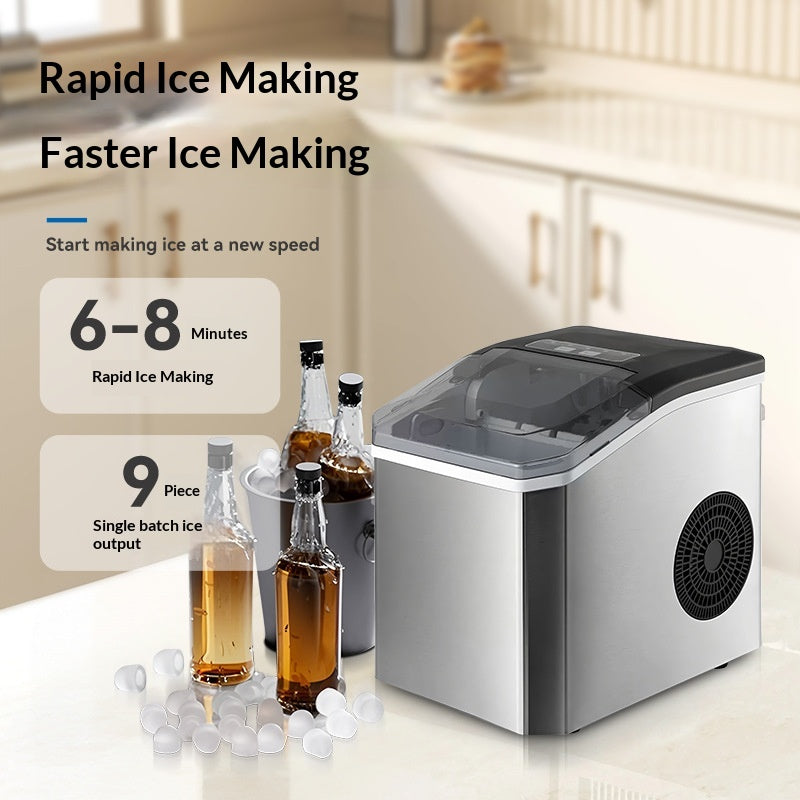 Portable ice maker with text on rapid ice making and product features in a kitchen setting.