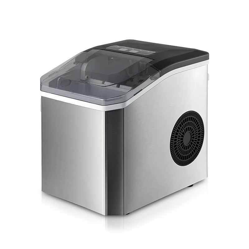 Portable ice maker with a black top and silver body on a white background