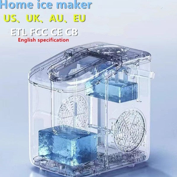 Clear home ice maker with blue ice cubes on a light blue background
