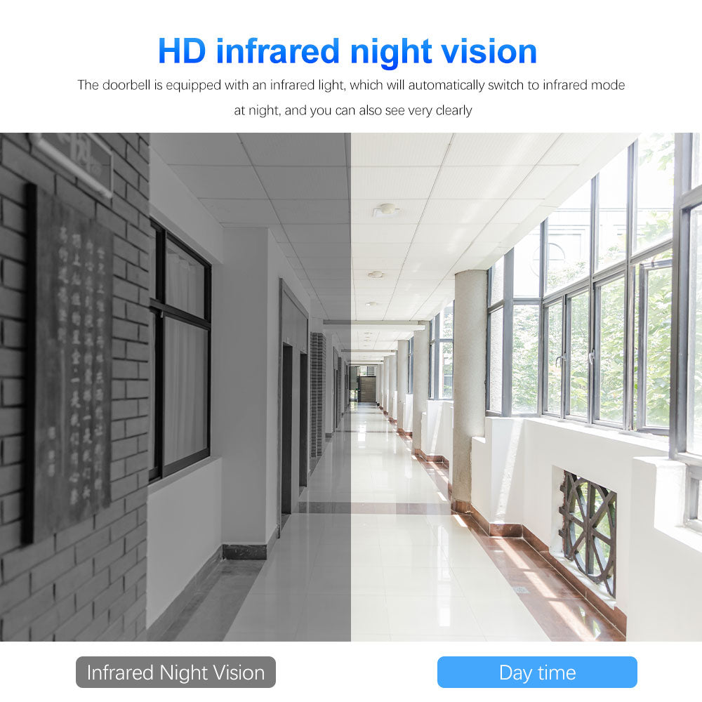 Corridor with windows on the right side, showing a transition from day to night with text about HD infrared night vision.