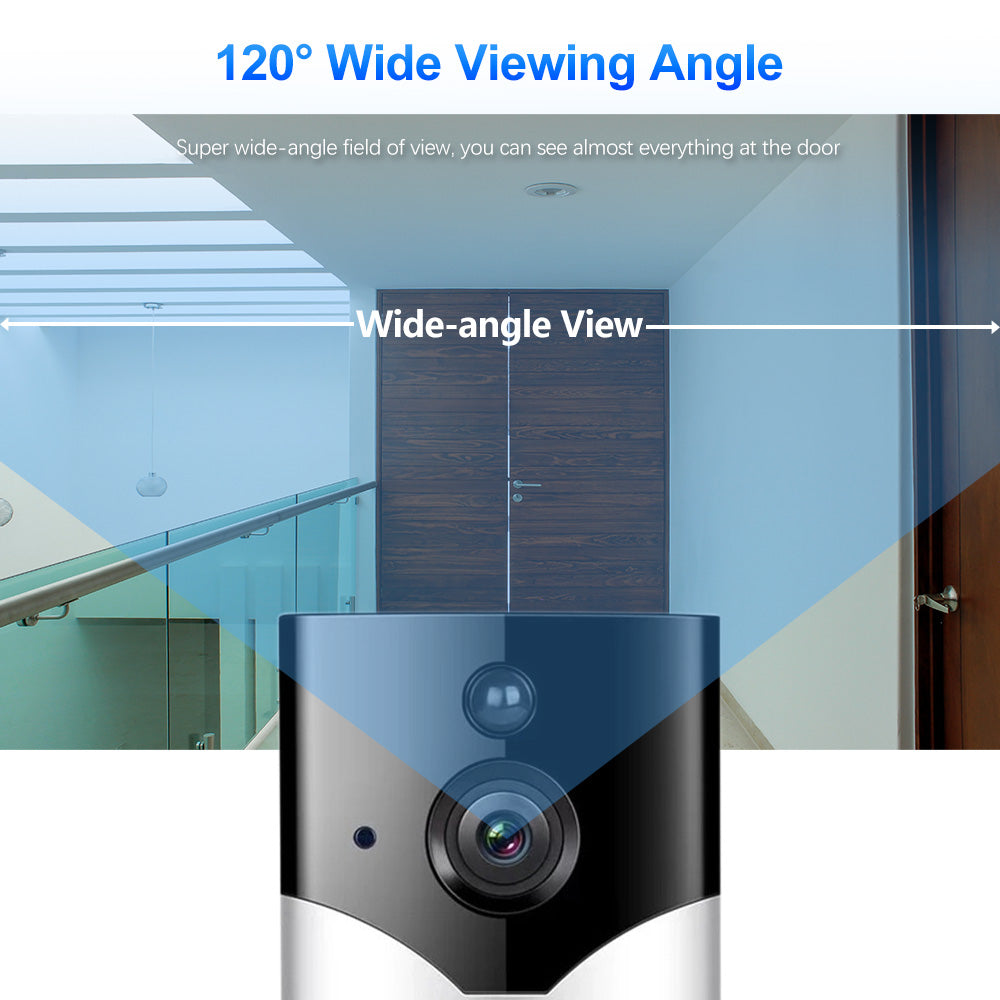 Video doorbell with 120-degree wide viewing angle displaying a wide-angle view of a door.
