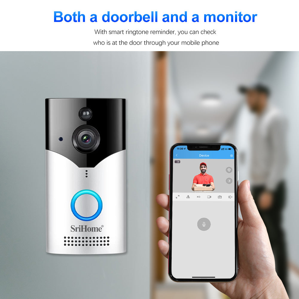 SriHome doorbell and smartphone app showing video feed with text 'Both a doorbell and a monitor'.