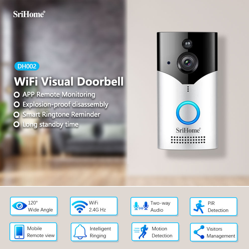 SriHome WiFi Visual Doorbell with features listed on a blurred indoor background