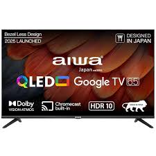 Aiwa QLED Google TV with various logos on a black background