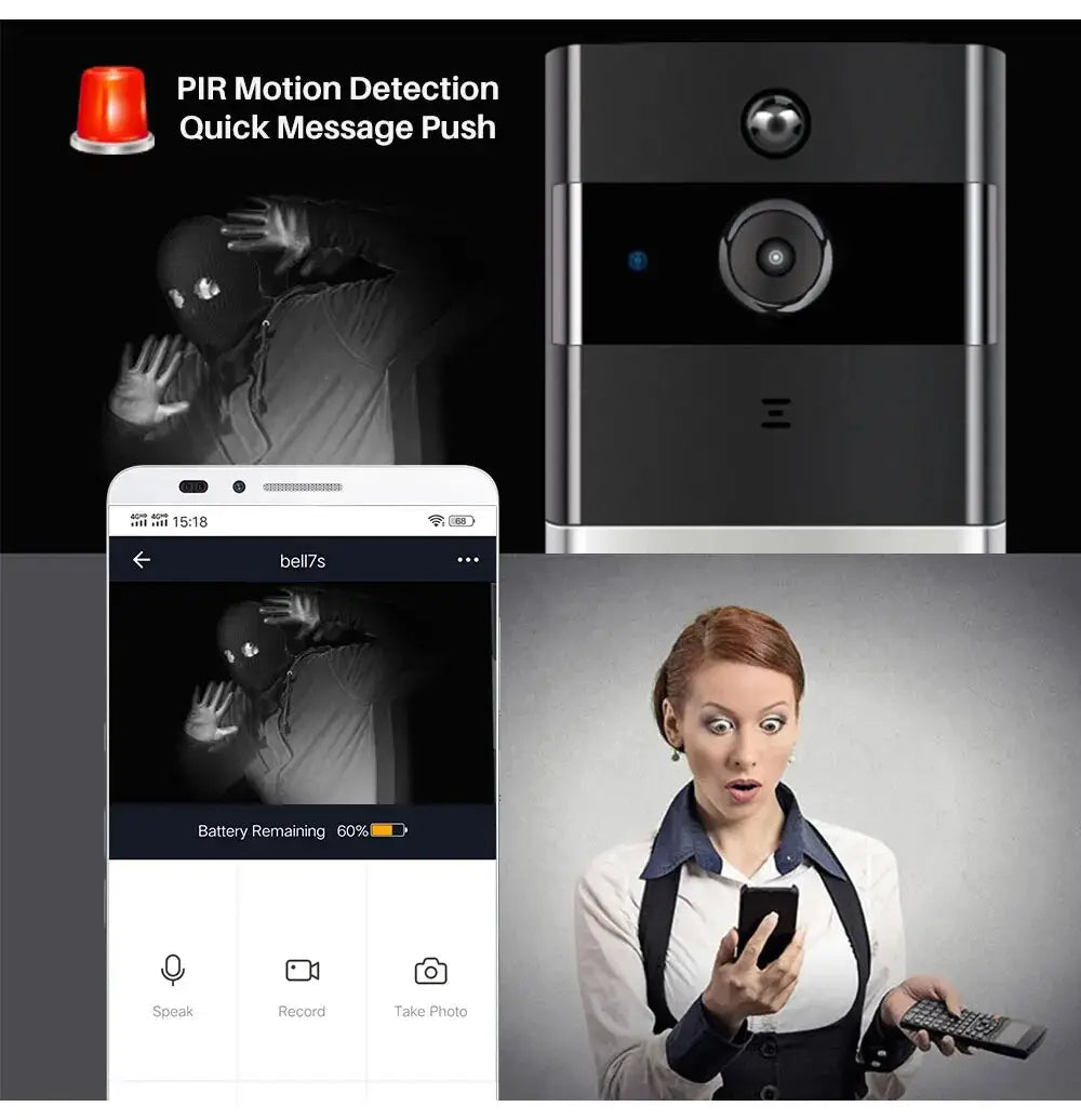 Smart doorbell with PIR motion detection and quick message push feature, shown with smartphone app interface and person using phone.
