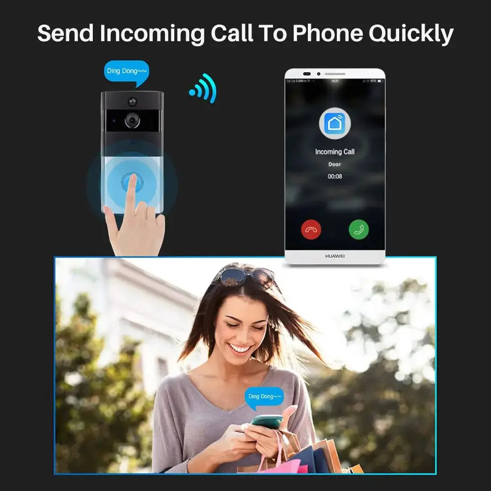 Smart doorbell and phone showing incoming call with a woman using her phone outdoors.