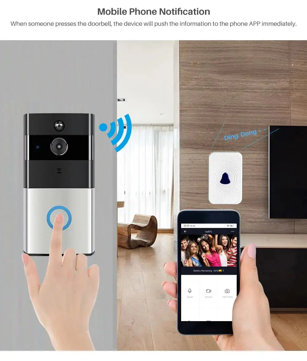Smart doorbell with phone app showing video feed, indicating mobile phone notification feature.
