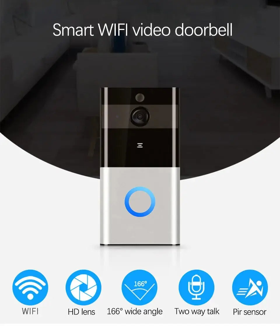 Smart WiFi video doorbell with features listed below on a dark background