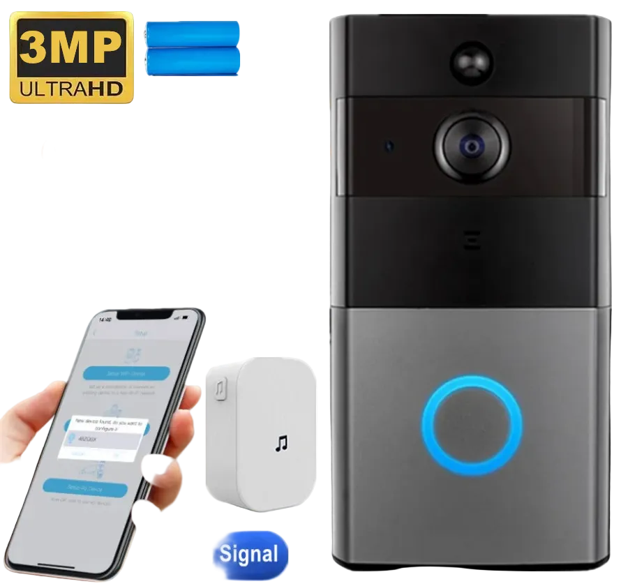 Smart doorbell with smartphone app interface and features like 3MP UltraHD, color night vision, and PIR human detection.