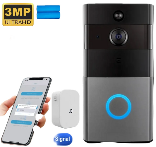 Smart doorbell with smartphone app interface and features like 3MP UltraHD, color night vision, and PIR human detection.