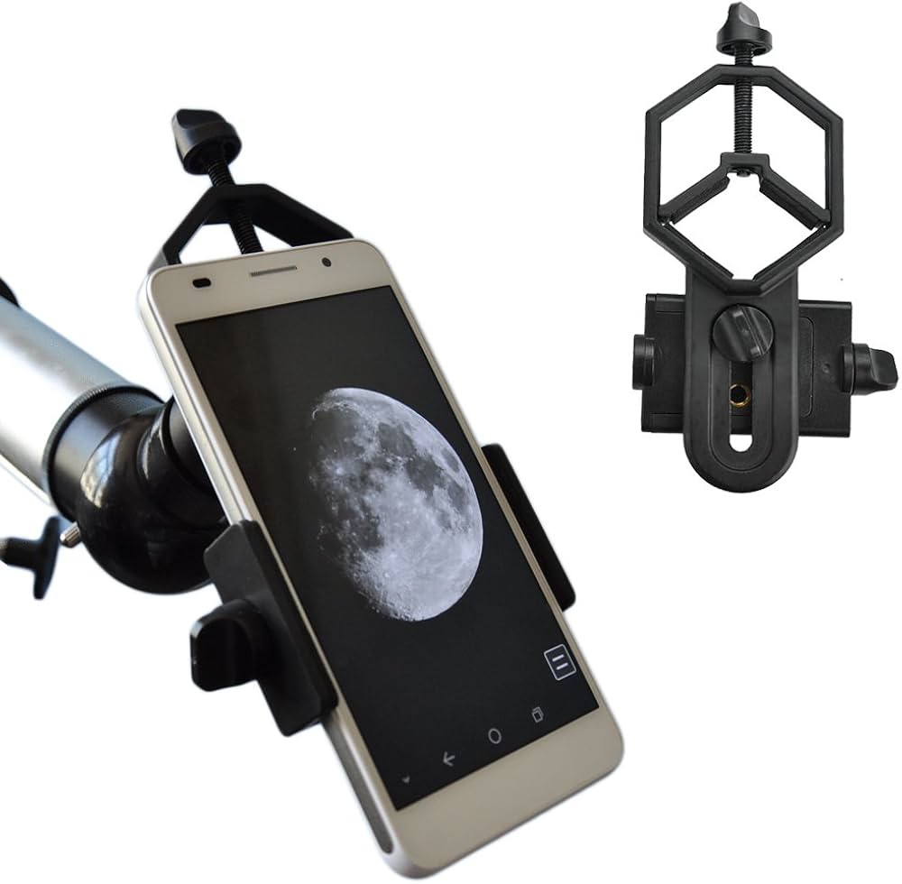 Phone with telescope attachment displaying moon image on screen