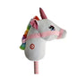 Plush unicorn toy with rainbow hair and pink strap on a white background