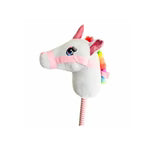 Plush toy shaped like a unicorn with a rainbow horn on a white background