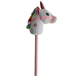 Plush unicorn toy with a striped handle on a white background