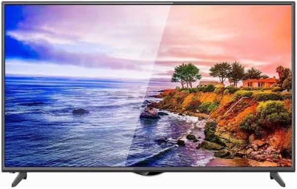 Smart TV displaying a scenic view of a coastal landscape with trees and a house.