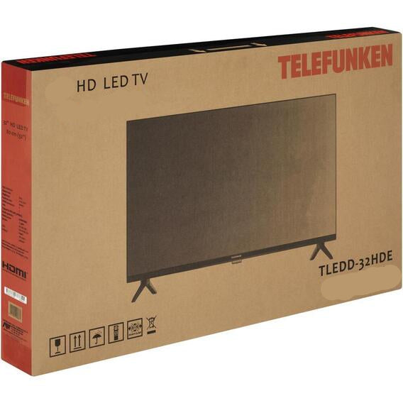Cardboard box packaging for a 32-inch HD LED TV with Telefunken branding.