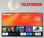 Television displaying a webOS Hub interface in a living room with a Telefunken logo.
