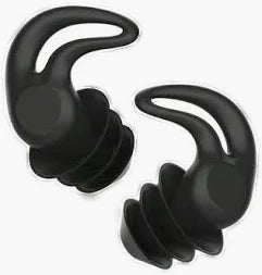 Pair of black earplugs on a white background