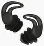 Pair of black earplugs on a white background