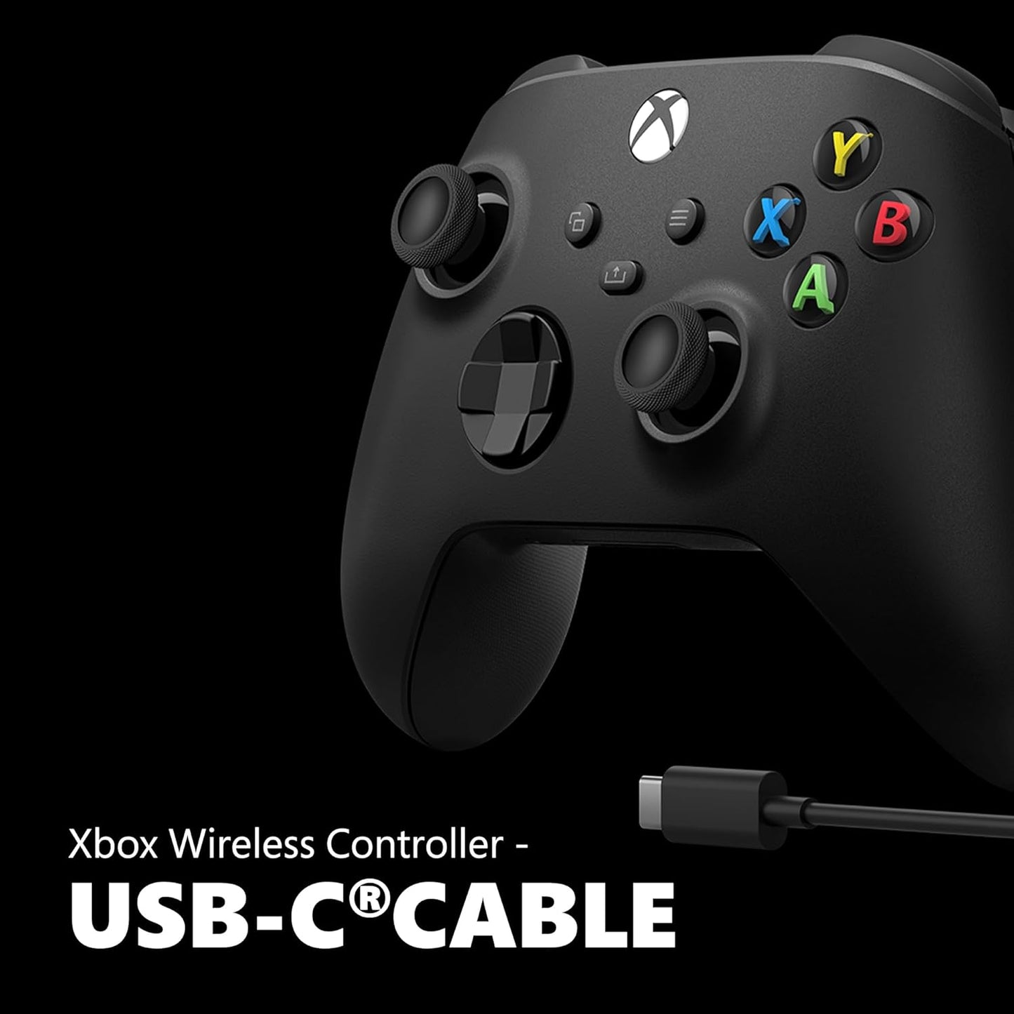 Black Xbox Wireless Controller with USB-C cable on a black background