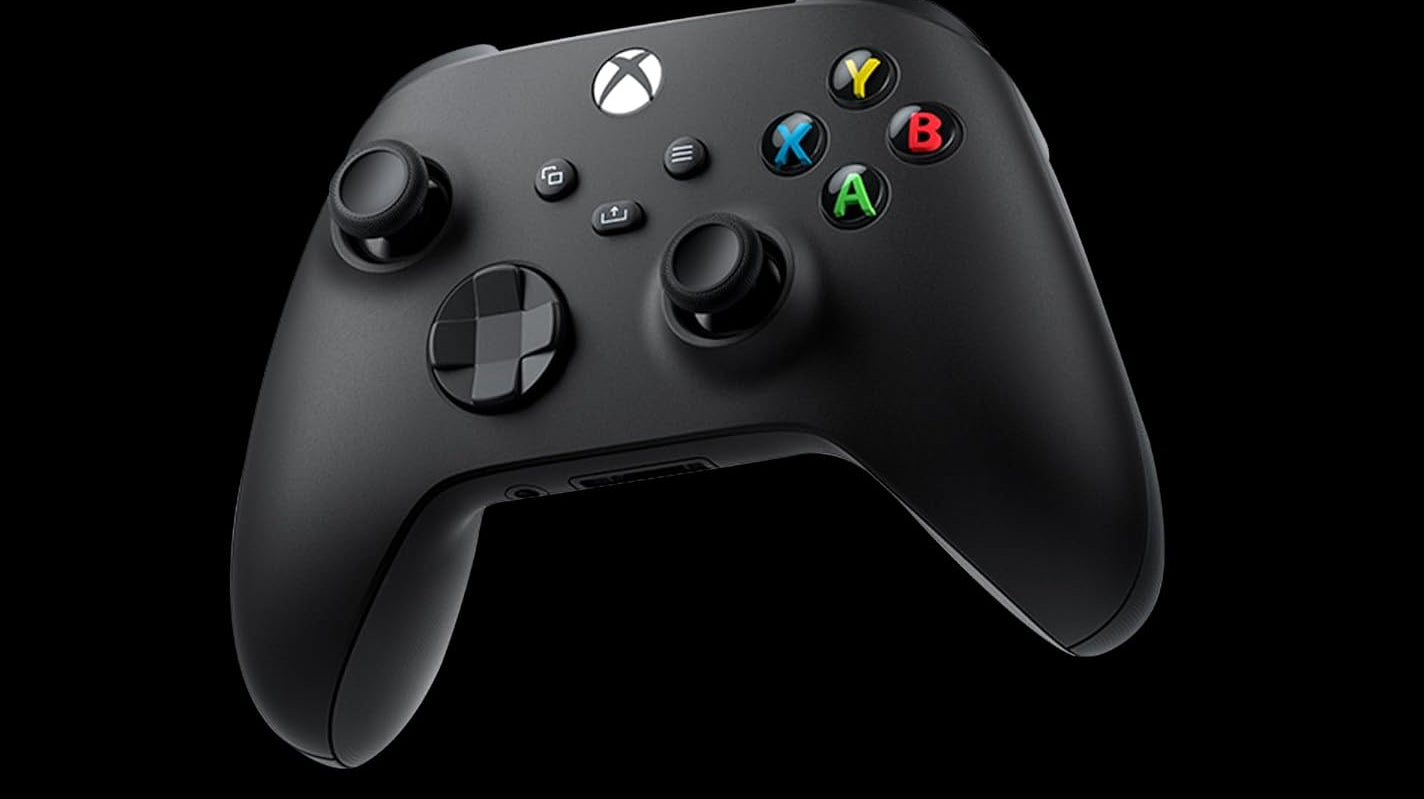 Black gaming controller with text about modernized design on a black background