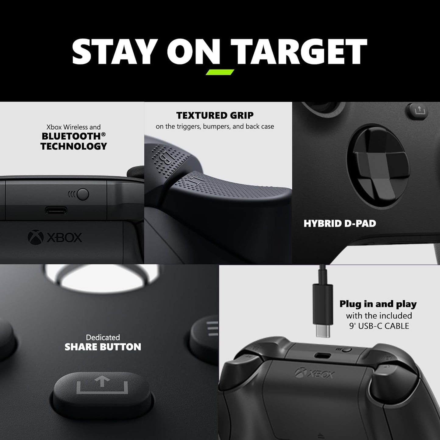 Gaming controller with features highlighted on a black background